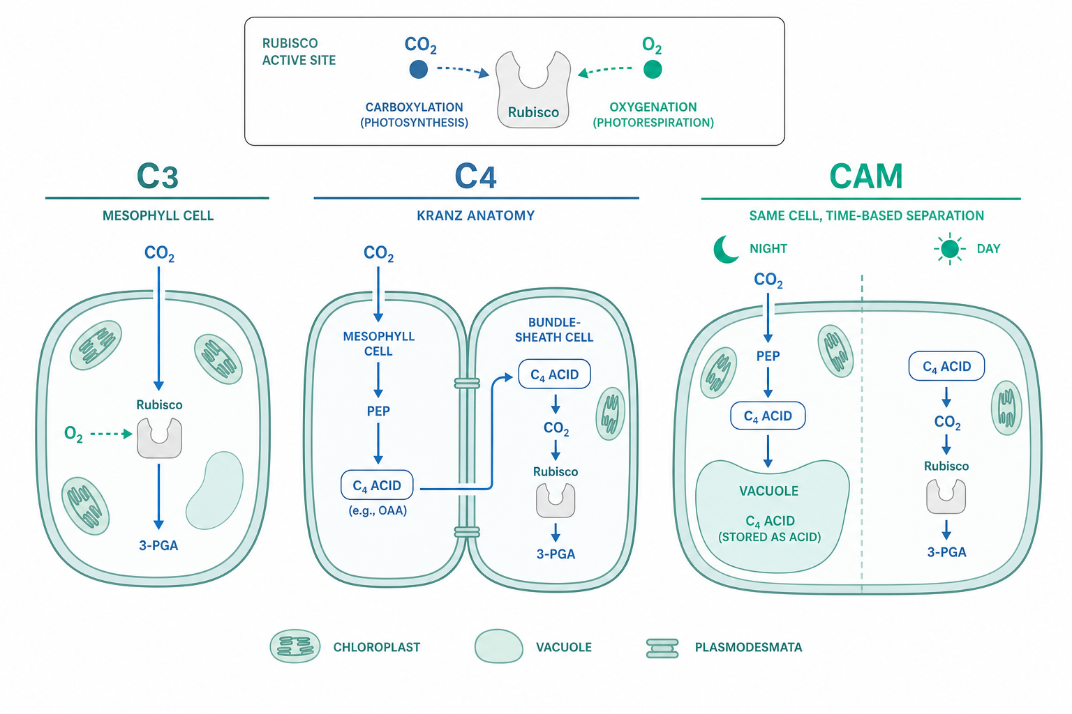 光呼吸與 C4/CAM 的演化適應概念示意圖